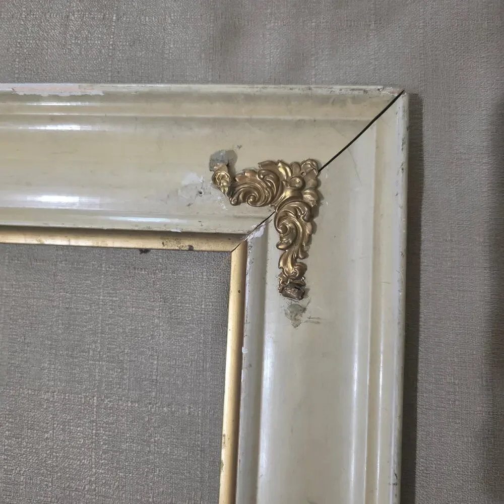 Vintage Cream & Gold Solid Wood Picture Frame with Ornate Brass Corner Appliqués